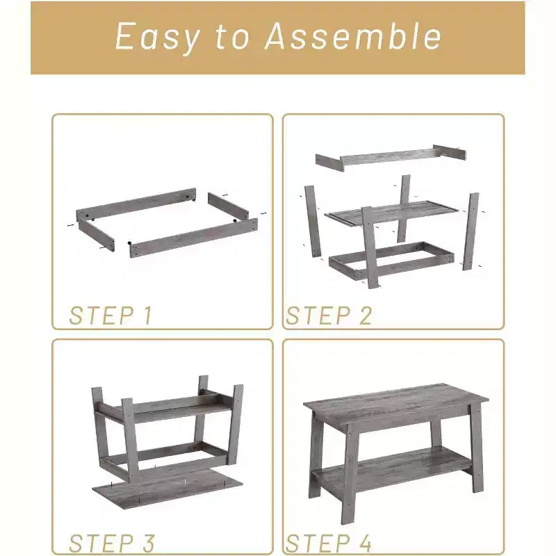 Modern Farmhouse Coffee Table with Storage Shelf, 2-Tier Rectangular Wood Center Table for Living Room and Home Office