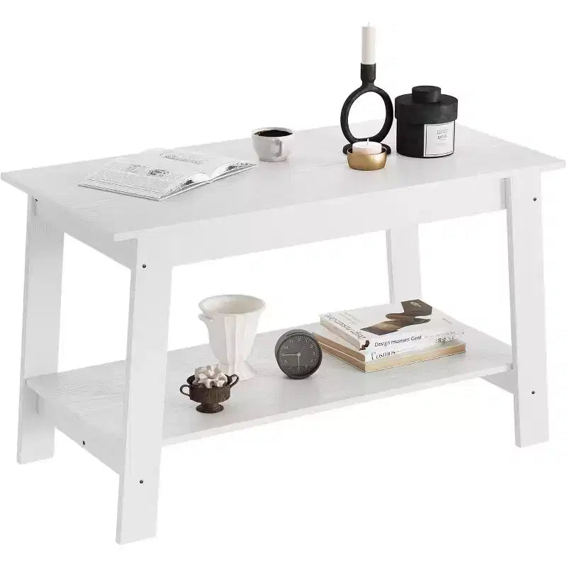 Modern Farmhouse Coffee Table with Storage Shelf, 2-Tier Rectangular Wood Center Table for Living Room and Home Office