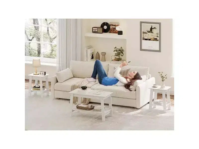 Modern Farmhouse Coffee Table with Storage Shelf, 2-Tier Rectangular Wood Center Table for Living Room and Home Office