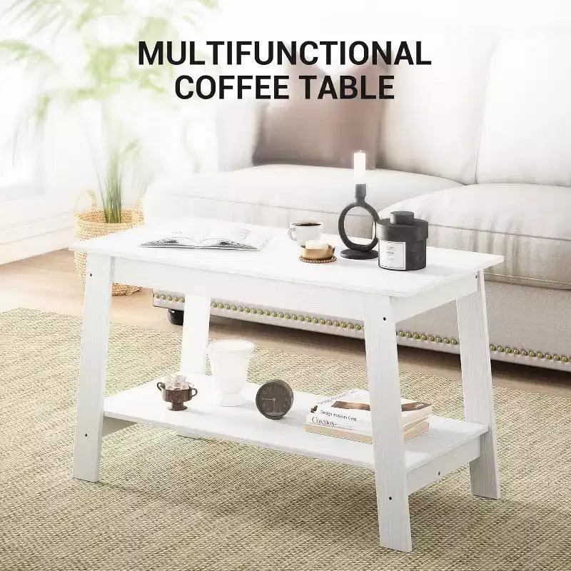 Modern Farmhouse Coffee Table with Storage Shelf, 2-Tier Rectangular Wood Center Table for Living Room and Home Office