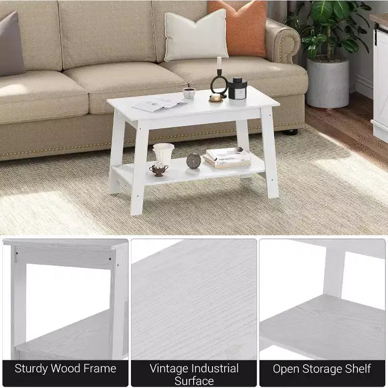 Modern Farmhouse Coffee Table with Storage Shelf, 2-Tier Rectangular Wood Center Table for Living Room and Home Office