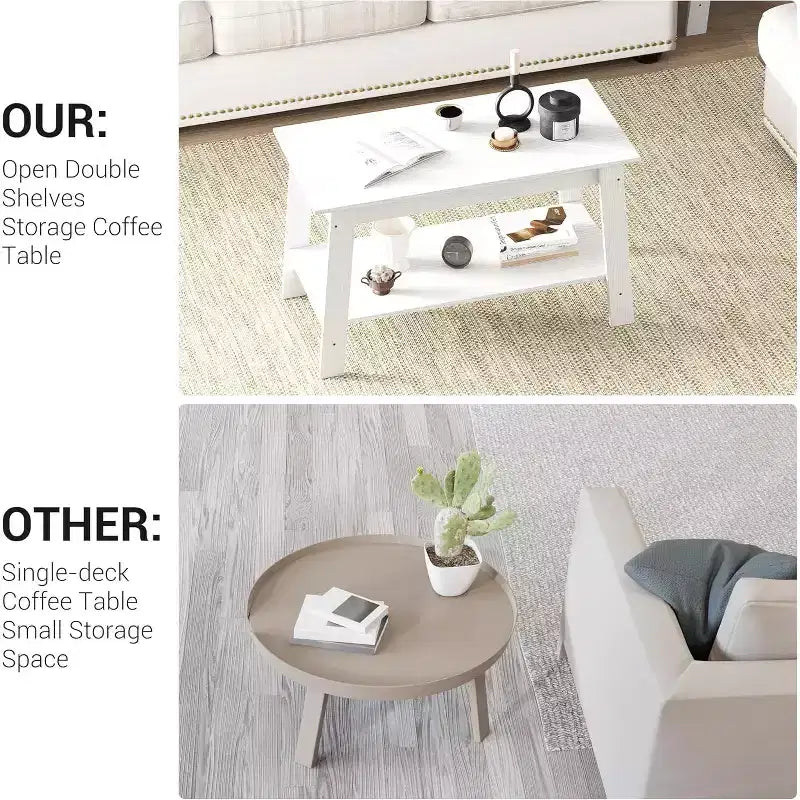 Modern Farmhouse Coffee Table with Storage Shelf, 2-Tier Rectangular Wood Center Table for Living Room and Home Office