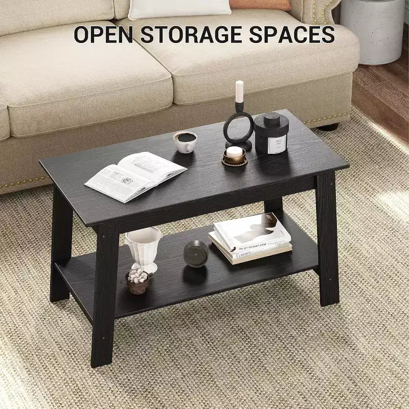 Modern Farmhouse Coffee Table with Storage Shelf, 2-Tier Rectangular Wood Center Table for Living Room and Home Office
