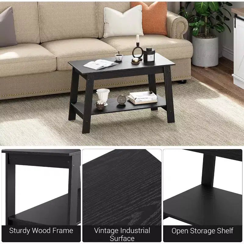 Modern Farmhouse Coffee Table with Storage Shelf, 2-Tier Rectangular Wood Center Table for Living Room and Home Office