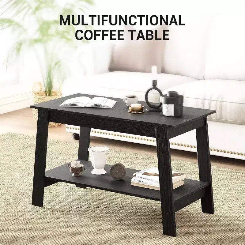 Modern Farmhouse Coffee Table with Storage Shelf, 2-Tier Rectangular Wood Center Table for Living Room and Home Office