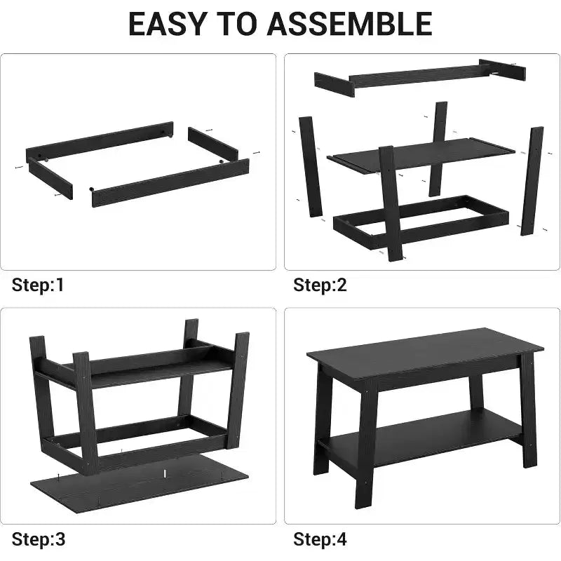 Modern Farmhouse Coffee Table with Storage Shelf, 2-Tier Rectangular Wood Center Table for Living Room and Home Office