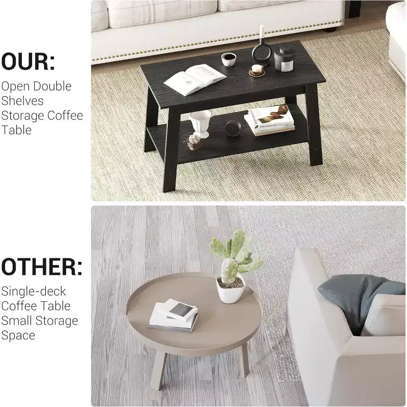 Modern Farmhouse Coffee Table with Storage Shelf, 2-Tier Rectangular Wood Center Table for Living Room and Home Office