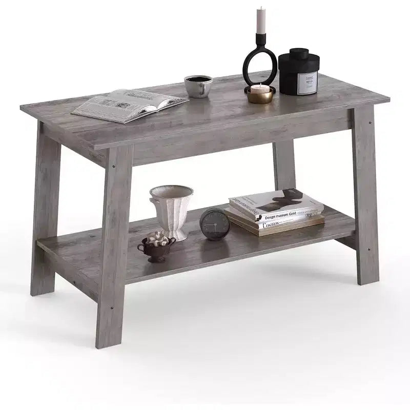 Modern Farmhouse Coffee Table with Storage Shelf, 2-Tier Rectangular Wood Center Table for Living Room and Home Office