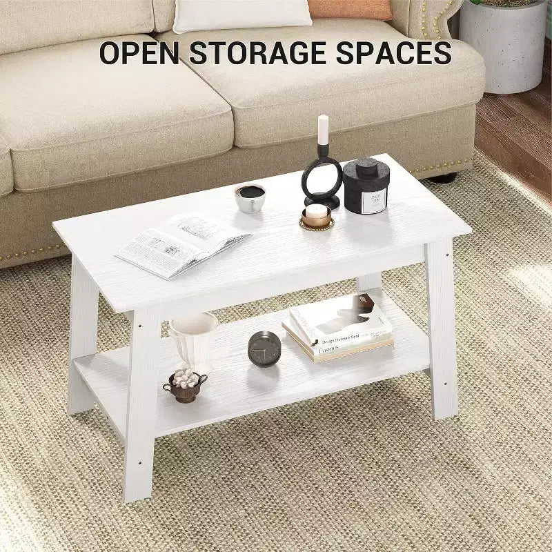 Modern Farmhouse Coffee Table with Storage Shelf, 2-Tier Rectangular Wood Center Table for Living Room and Home Office