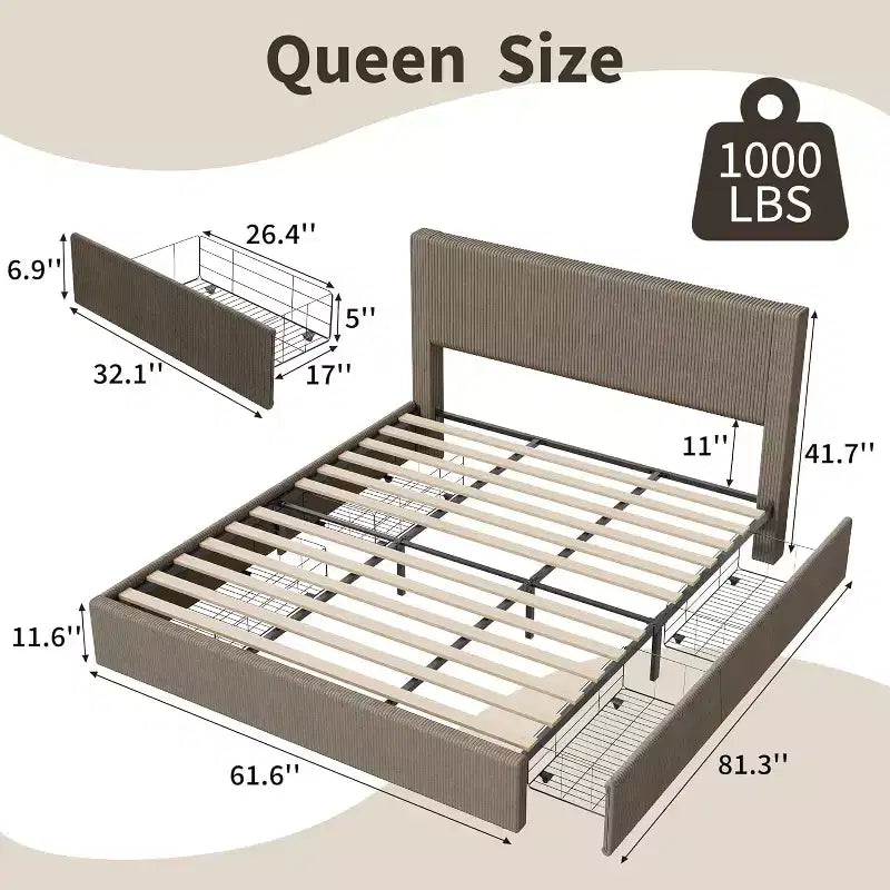 Queen Platform Bed with 4 Drawers - Corduroy Tufted Headboard, Wood Slats, No Box Spring, Brown