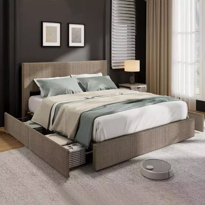 Queen Platform Bed with 4 Drawers - Corduroy Tufted Headboard, Wood Slats, No Box Spring, Brown