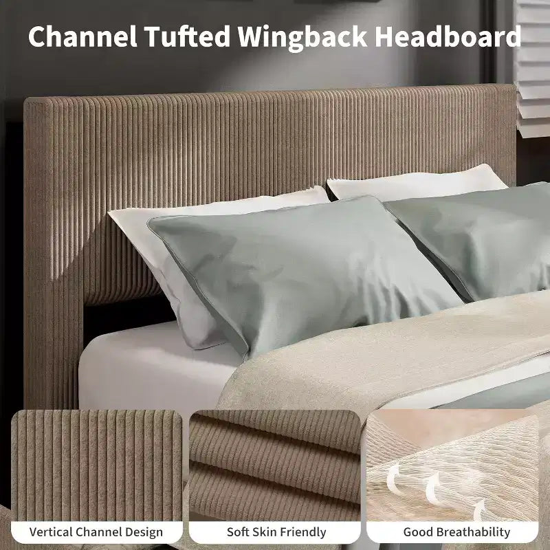 Queen Platform Bed with 4 Drawers - Corduroy Tufted Headboard, Wood Slats, No Box Spring, Brown