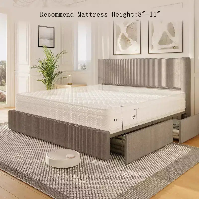 Queen Platform Bed with 4 Drawers - Corduroy Tufted Headboard, Wood Slats, No Box Spring, Brown