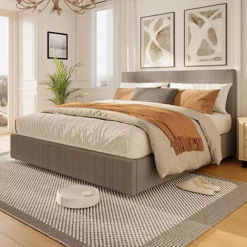 Queen Platform Bed with 4 Drawers - Corduroy Tufted Headboard, Wood Slats, No Box Spring, Brown