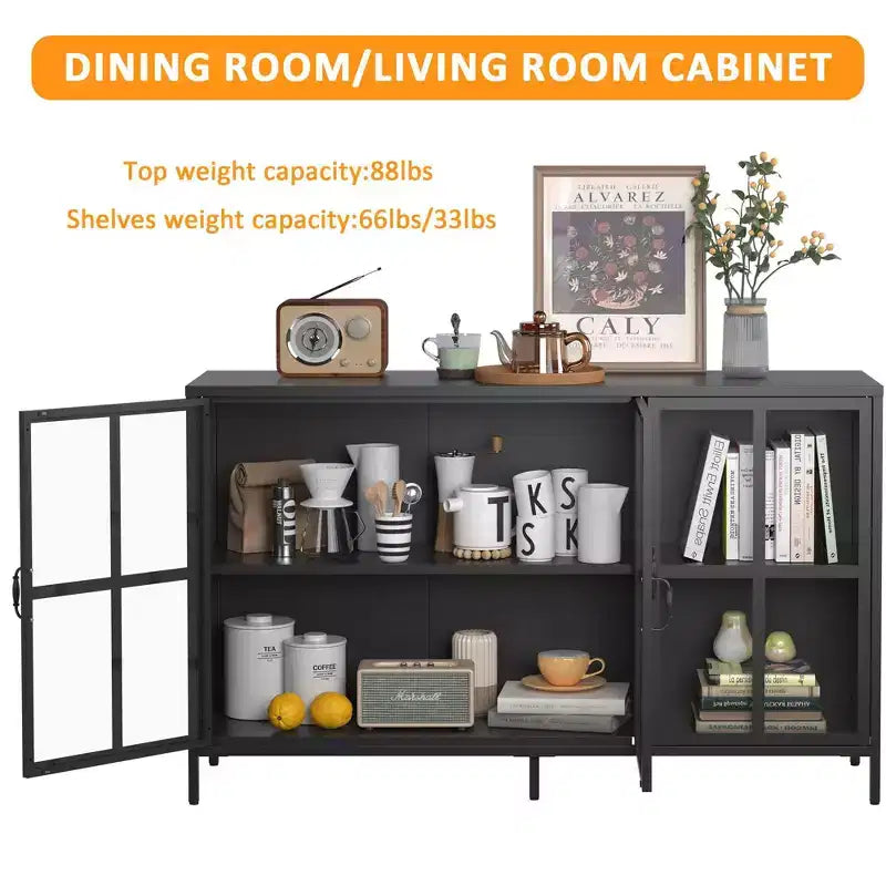 Tall Buffet Cabinet with Storage, Sideboard with Glass Doors & Adjustable Shelves for Kitchen, Dining Room