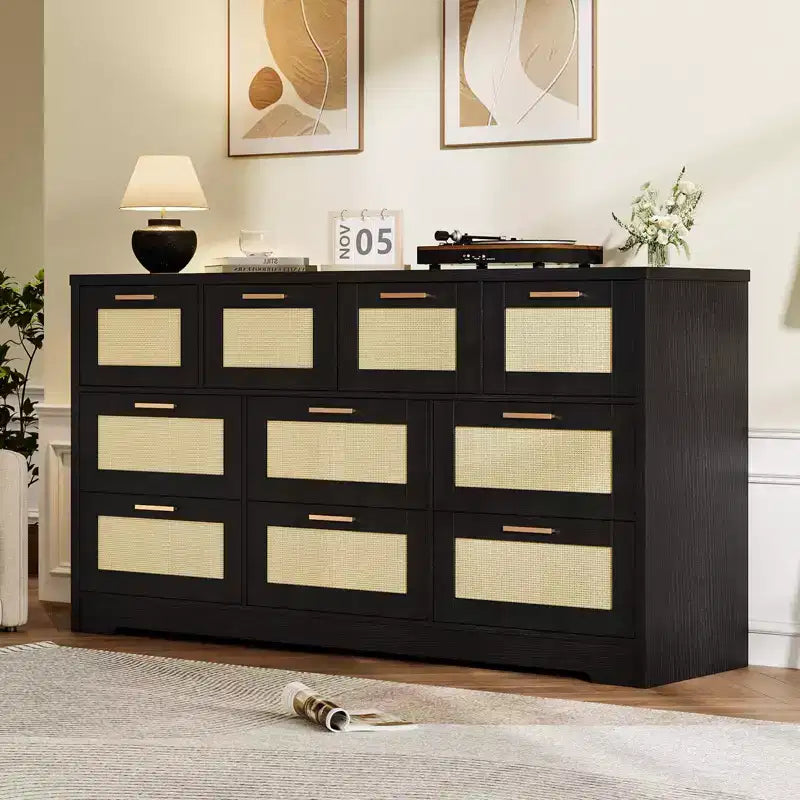 10-Drawer Rattan Dresser 60 x 16 x 32 Wooden TV Stand Ample Tabletop Stylish Handles for Bedroom Living Room Hallway