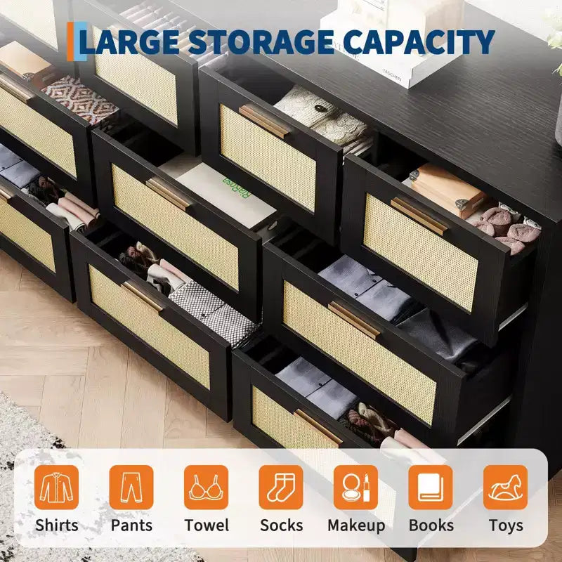10-Drawer Rattan Dresser 60 x 16 x 32 Wooden TV Stand Ample Tabletop Stylish Handles for Bedroom Living Room Hallway
