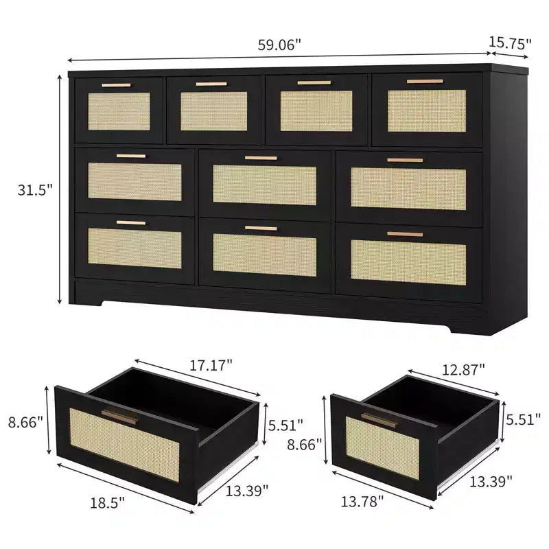 10-Drawer Rattan Dresser 60 x 16 x 32 Wooden TV Stand Ample Tabletop Stylish Handles for Bedroom Living Room Hallway