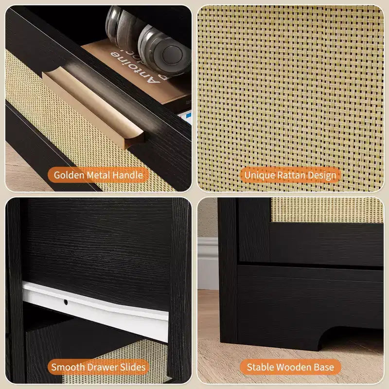 10-Drawer Rattan Dresser 60 x 16 x 32 Wooden TV Stand Ample Tabletop Stylish Handles for Bedroom Living Room Hallway