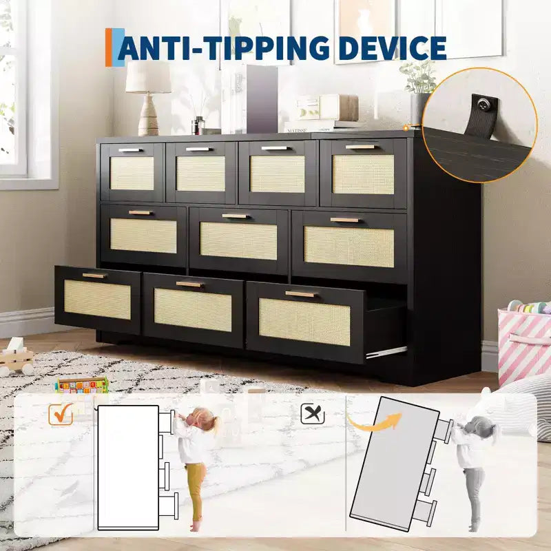 10-Drawer Rattan Dresser 60 x 16 x 32 Wooden TV Stand Ample Tabletop Stylish Handles for Bedroom Living Room Hallway