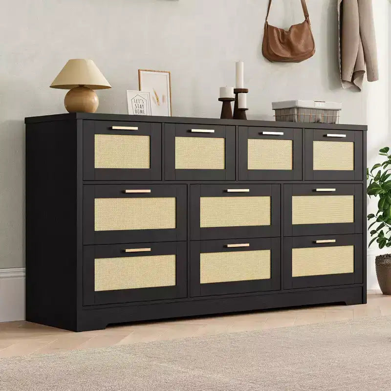 10-Drawer Rattan Dresser 60 x 16 x 32 Wooden TV Stand Ample Tabletop Stylish Handles for Bedroom Living Room Hallway
