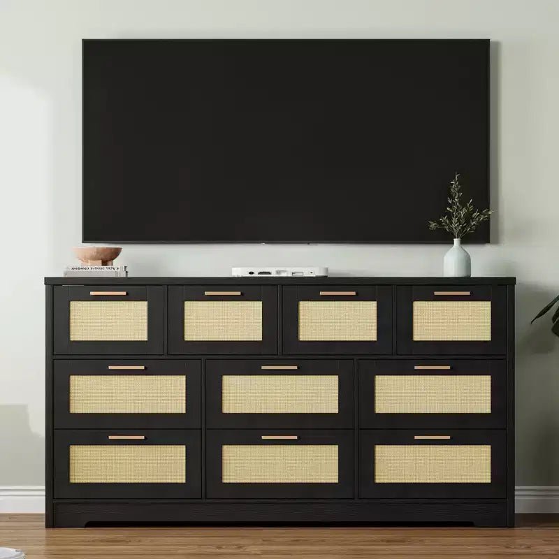 10-Drawer Rattan Dresser 60 x 16 x 32 Wooden TV Stand Ample Tabletop Stylish Handles for Bedroom Living Room Hallway