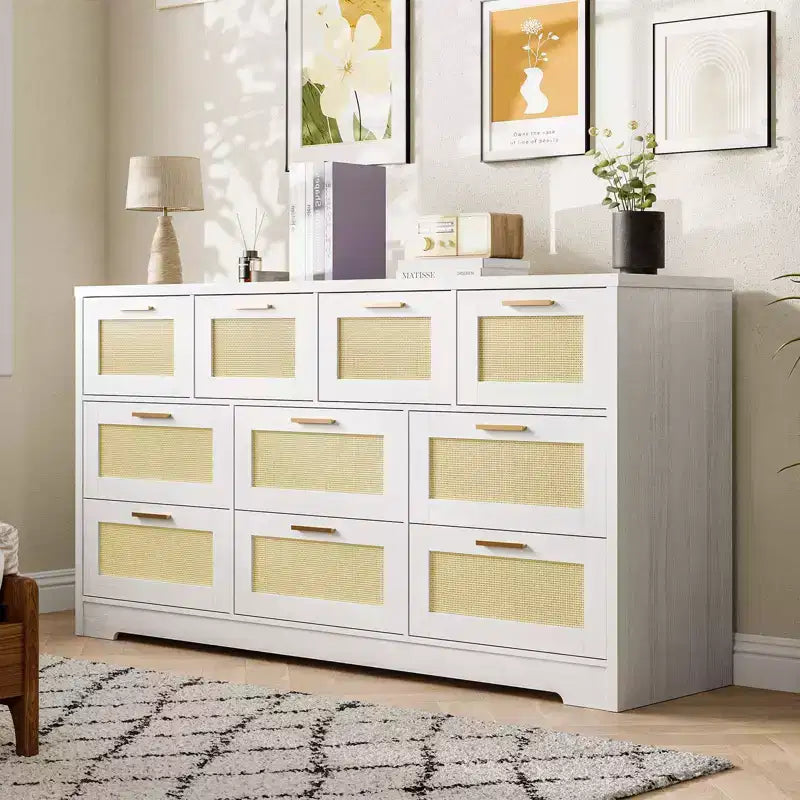 10-Drawer Rattan Dresser 60 x 16 x 32 Wooden TV Stand Ample Tabletop Stylish Handles for Bedroom Living Room Hallway