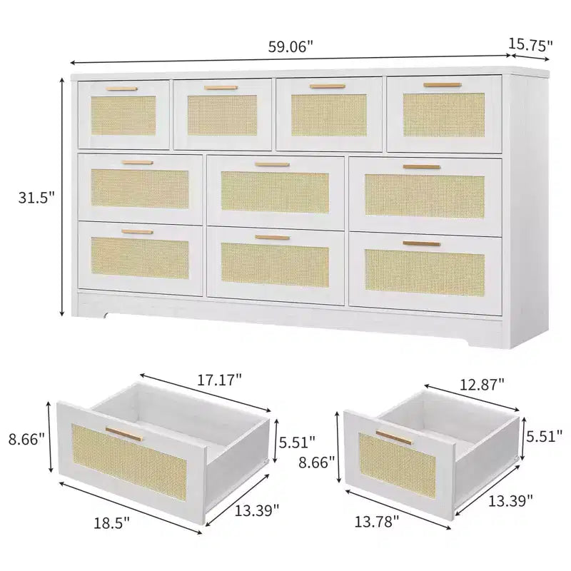 10-Drawer Rattan Dresser 60 x 16 x 32 Wooden TV Stand Ample Tabletop Stylish Handles for Bedroom Living Room Hallway