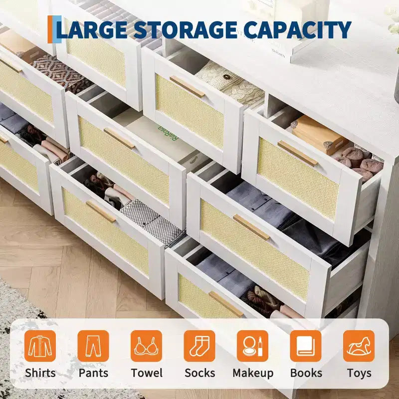 10-Drawer Rattan Dresser 60 x 16 x 32 Wooden TV Stand Ample Tabletop Stylish Handles for Bedroom Living Room Hallway