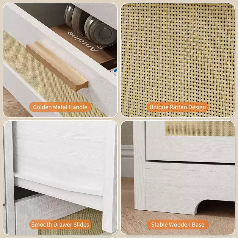 10-Drawer Rattan Dresser 60 x 16 x 32 Wooden TV Stand Ample Tabletop Stylish Handles for Bedroom Living Room Hallway