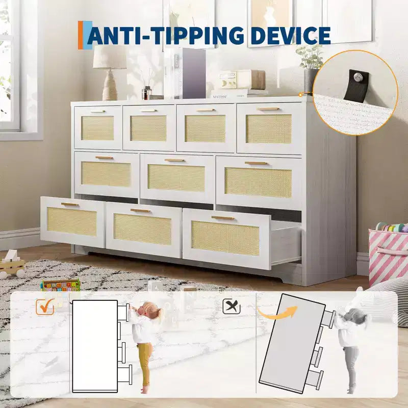 10-Drawer Rattan Dresser 60 x 16 x 32 Wooden TV Stand Ample Tabletop Stylish Handles for Bedroom Living Room Hallway