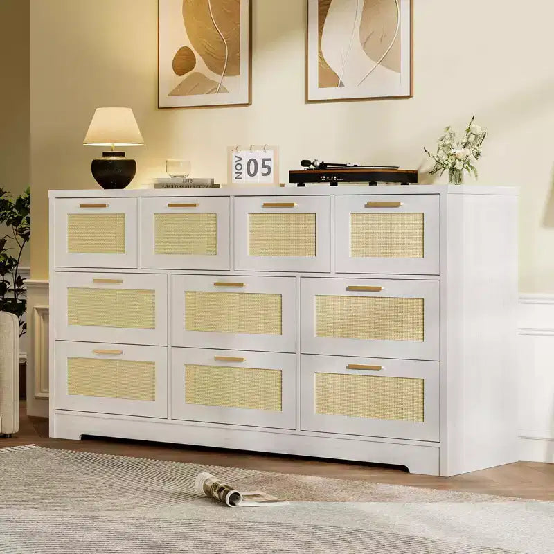 10-Drawer Rattan Dresser 60 x 16 x 32 Wooden TV Stand Ample Tabletop Stylish Handles for Bedroom Living Room Hallway