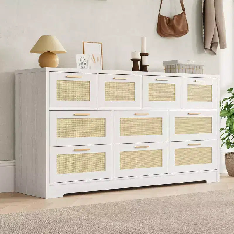 10-Drawer Rattan Dresser 60 x 16 x 32 Wooden TV Stand Ample Tabletop Stylish Handles for Bedroom Living Room Hallway