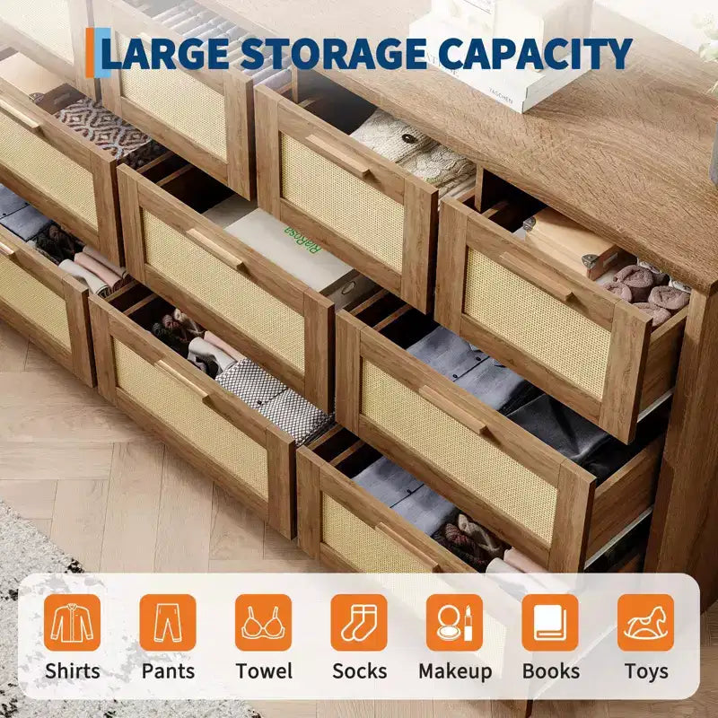 10-Drawer Rattan Dresser 60 x 16 x 32 Wooden TV Stand Ample Tabletop Stylish Handles for Bedroom Living Room Hallway