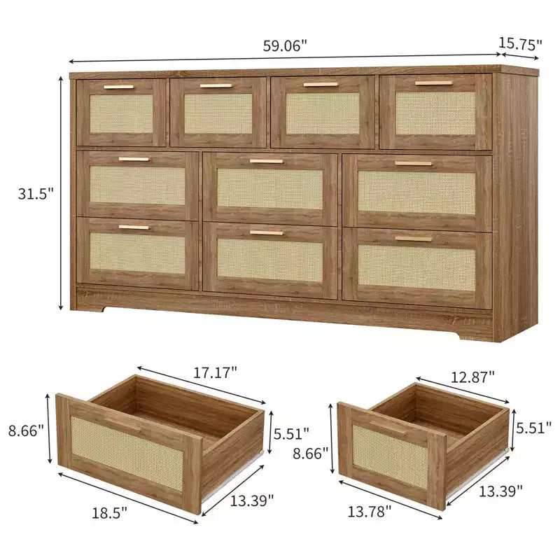 10-Drawer Rattan Dresser 60 x 16 x 32 Wooden TV Stand Ample Tabletop Stylish Handles for Bedroom Living Room Hallway