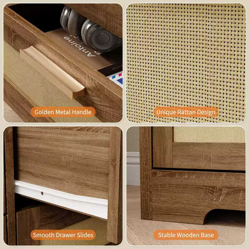 10-Drawer Rattan Dresser 60 x 16 x 32 Wooden TV Stand Ample Tabletop Stylish Handles for Bedroom Living Room Hallway