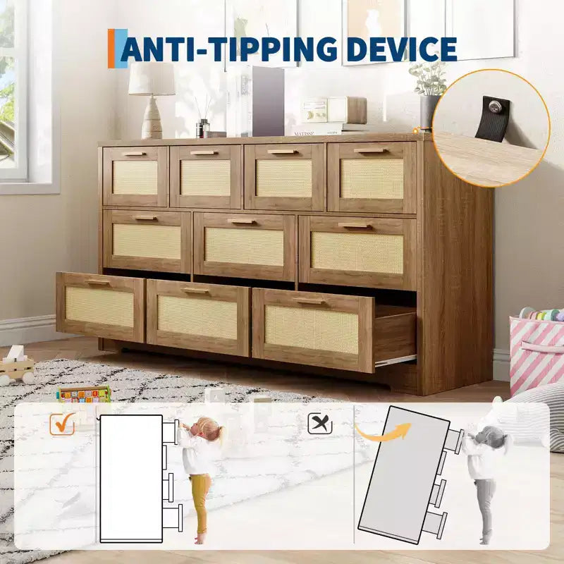 10-Drawer Rattan Dresser 60 x 16 x 32 Wooden TV Stand Ample Tabletop Stylish Handles for Bedroom Living Room Hallway