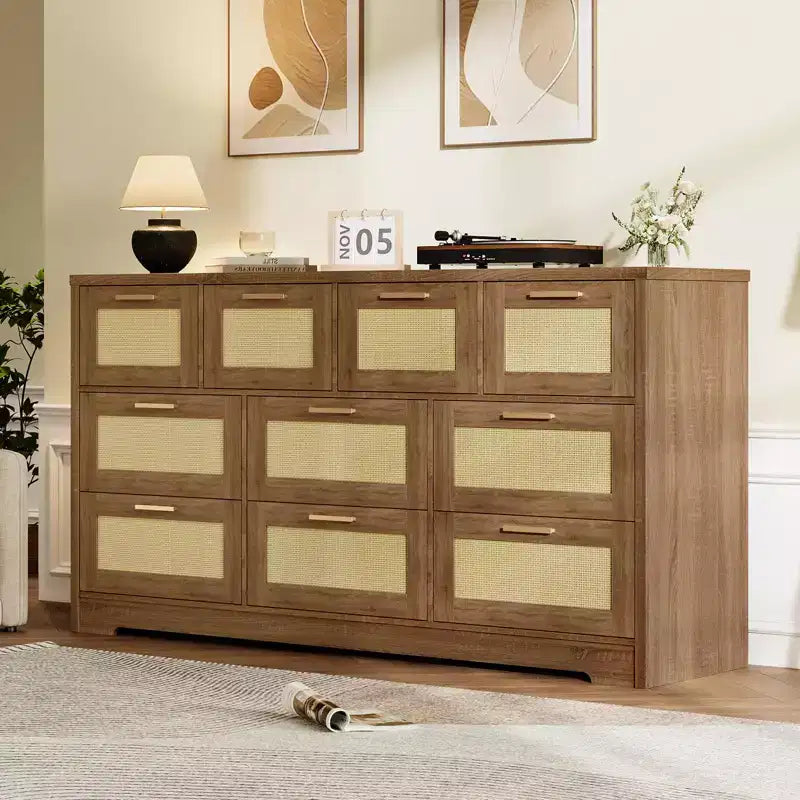 10-Drawer Rattan Dresser 60 x 16 x 32 Wooden TV Stand Ample Tabletop Stylish Handles for Bedroom Living Room Hallway
