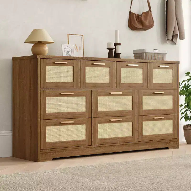 10-Drawer Rattan Dresser 60 x 16 x 32 Wooden TV Stand Ample Tabletop Stylish Handles for Bedroom Living Room Hallway