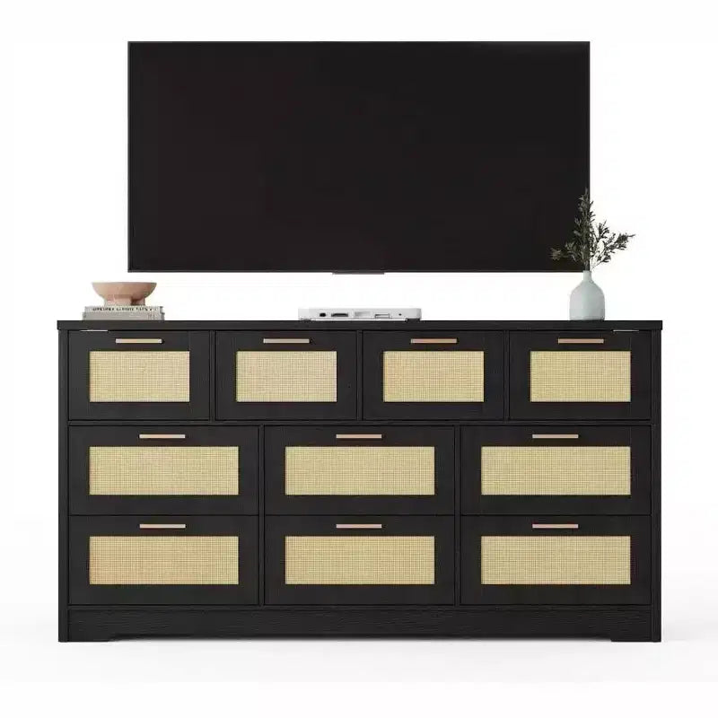 10-Drawer Rattan Dresser 60 x 16 x 32 Wooden TV Stand Ample Tabletop Stylish Handles for Bedroom Living Room Hallway