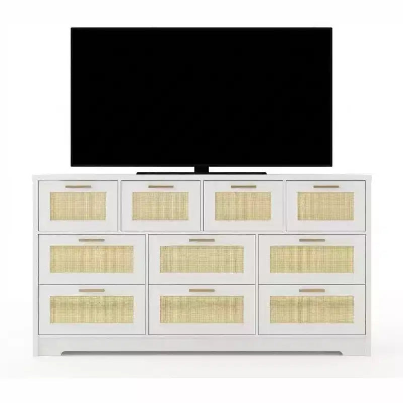 10-Drawer Rattan Dresser 60 x 16 x 32 Wooden TV Stand Ample Tabletop Stylish Handles for Bedroom Living Room Hallway