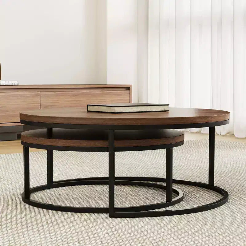 31.5" Modern Round Nesting Coffee Table Set of 2, Industrial Style, Walnut/Black
