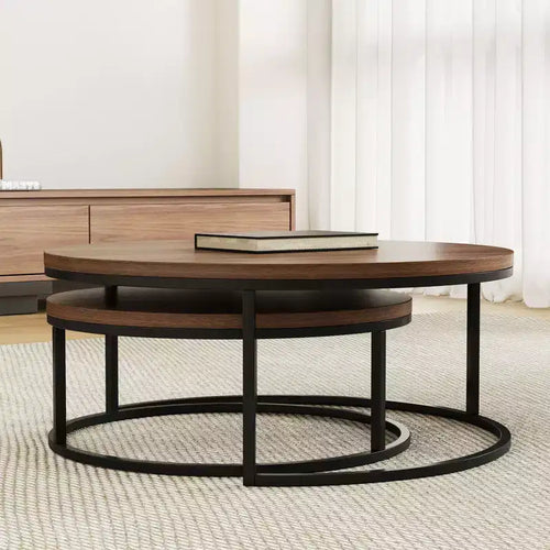 31.5" Modern Round Nesting Coffee Table Set of 2, Industrial Style, Walnut/Black