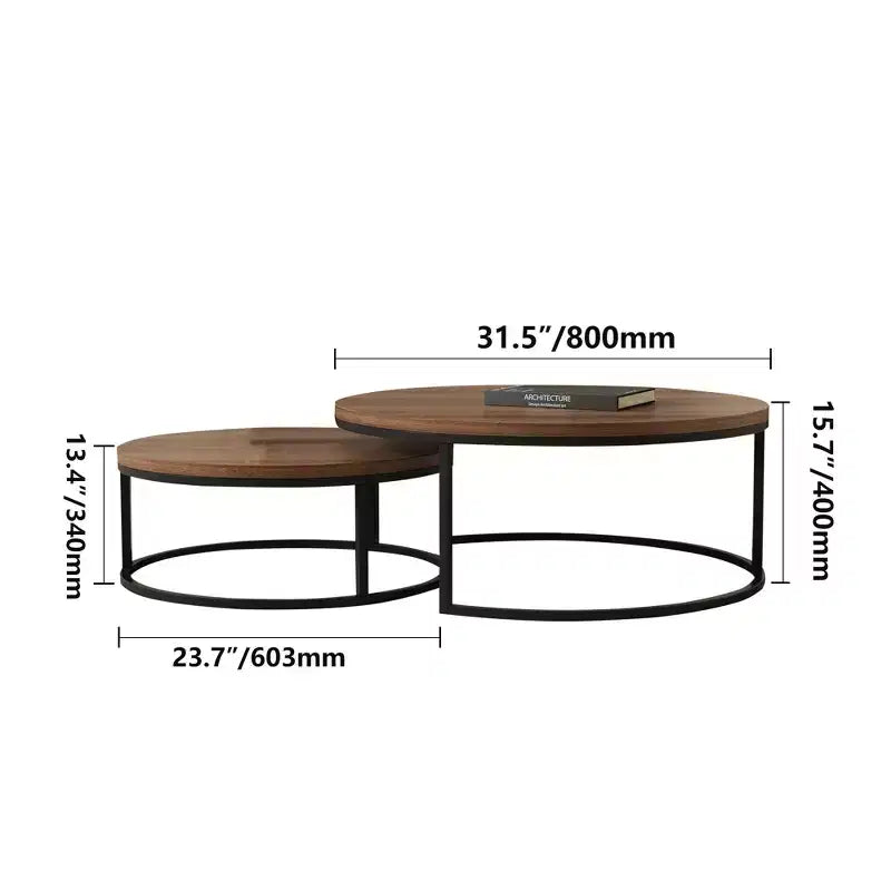 31.5" Modern Round Nesting Coffee Table Set of 2, Industrial Style, Walnut/Black