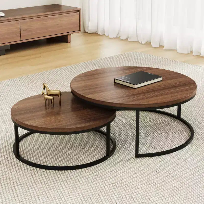 31.5" Modern Round Nesting Coffee Table Set of 2, Industrial Style, Walnut/Black