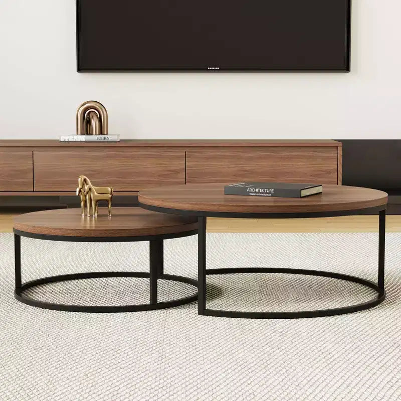 31.5" Modern Round Nesting Coffee Table Set of 2, Industrial Style, Walnut/Black