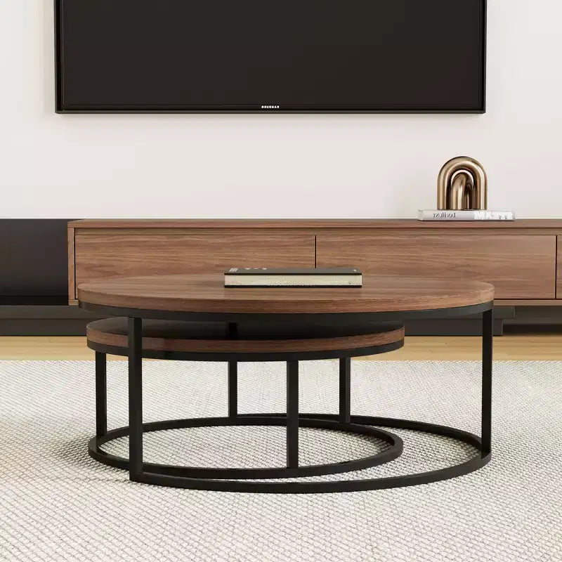 31.5" Modern Round Nesting Coffee Table Set of 2, Industrial Style, Walnut/Black