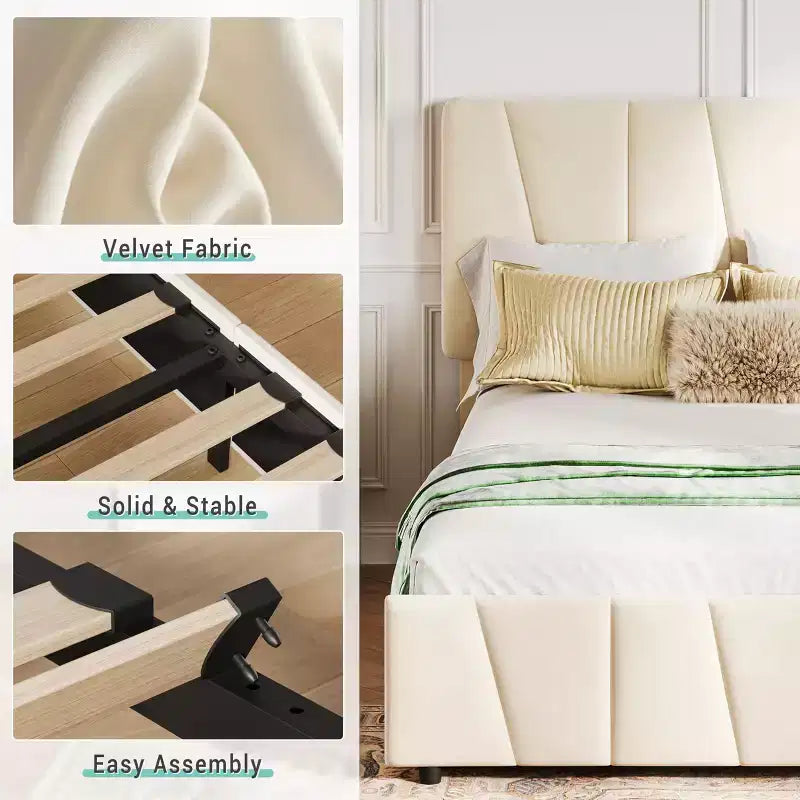 Twin Bed Frame with Adjustable Headboard & 2 Drawers - Velvet Tufted Platform, Wood Slats, No Box Spring, Beige/Cream