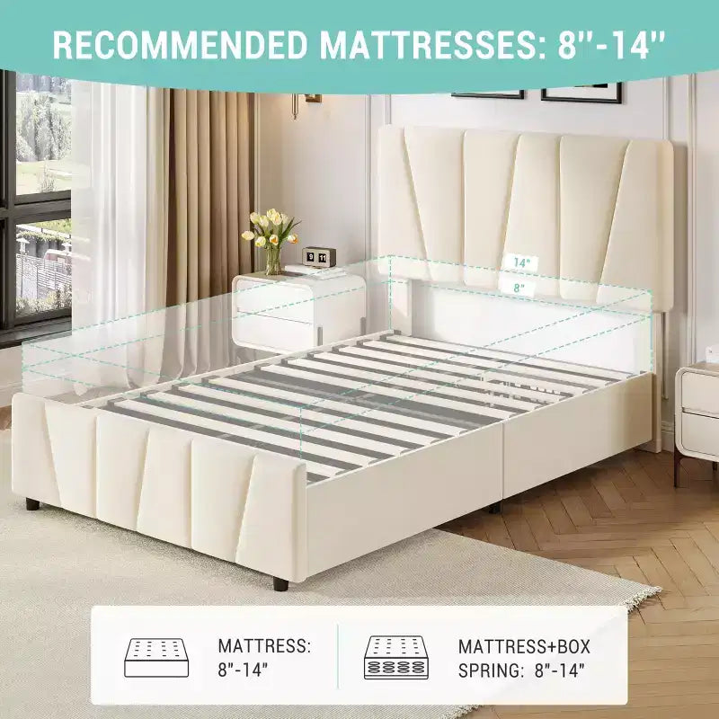 Twin Bed Frame with Adjustable Headboard & 2 Drawers - Velvet Tufted Platform, Wood Slats, No Box Spring, Beige/Cream