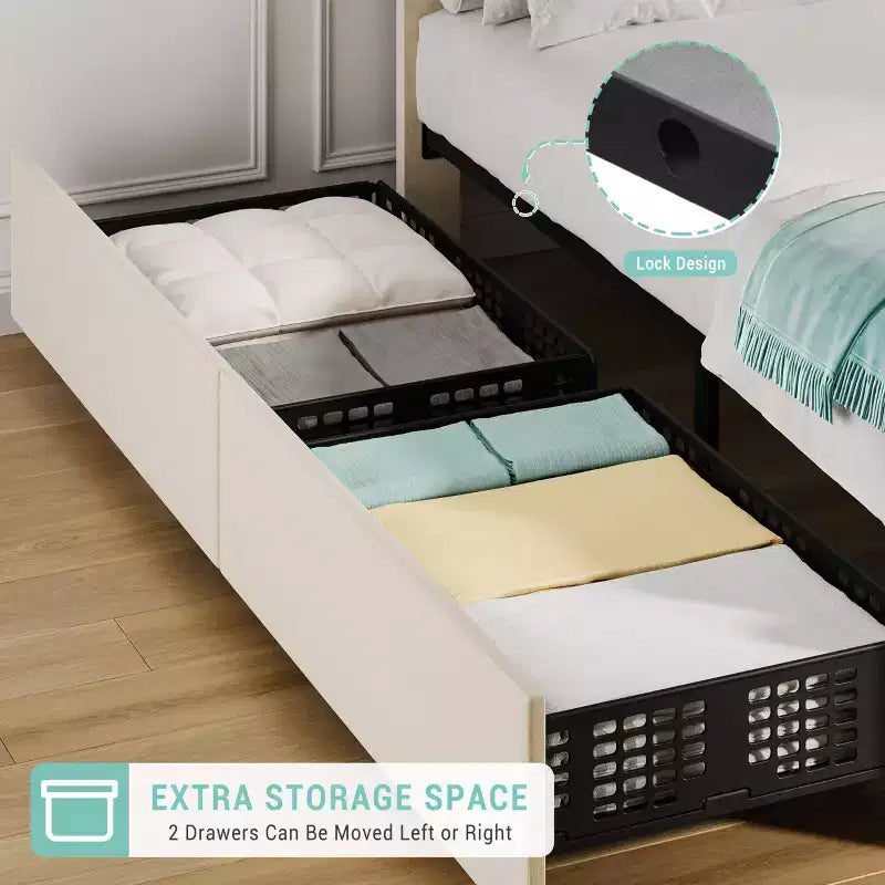 Twin Bed Frame with Adjustable Headboard & 2 Drawers - Velvet Tufted Platform, Wood Slats, No Box Spring, Beige/Cream